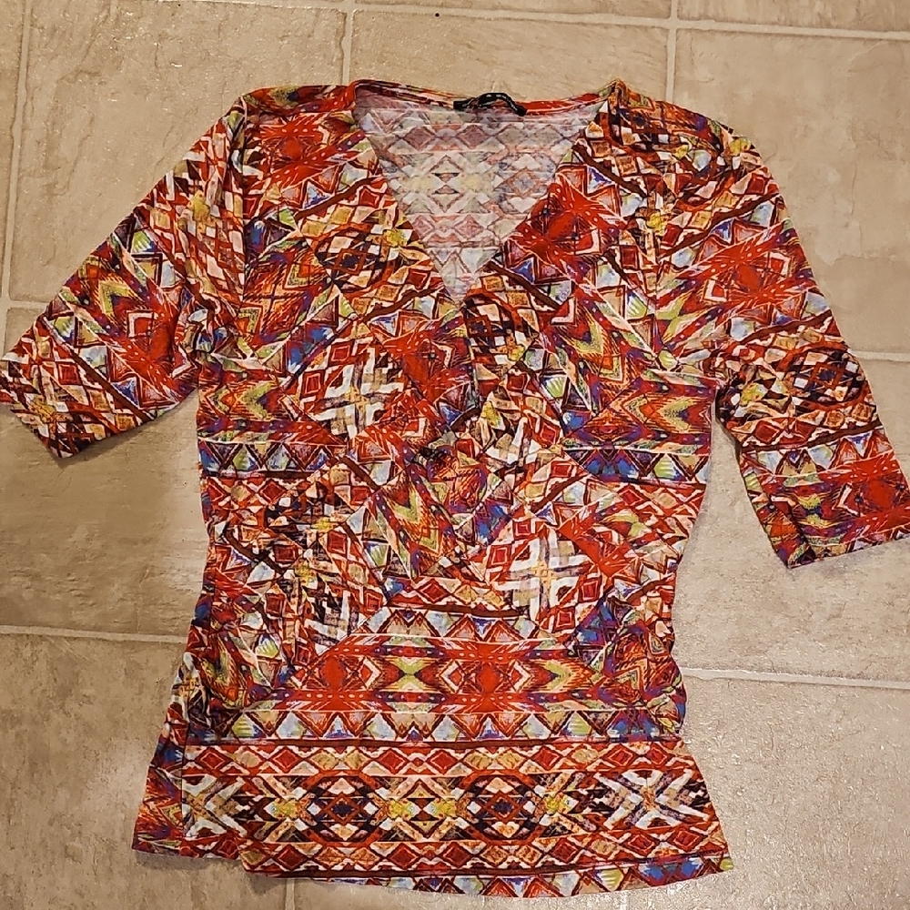 Cable & Gauge Geometric Print Ruched Stretch Top